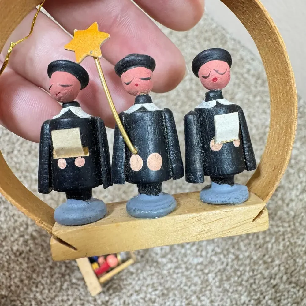VTG Christmas Ornaments erzgebirge style nativity Painted Set of 3 wooden